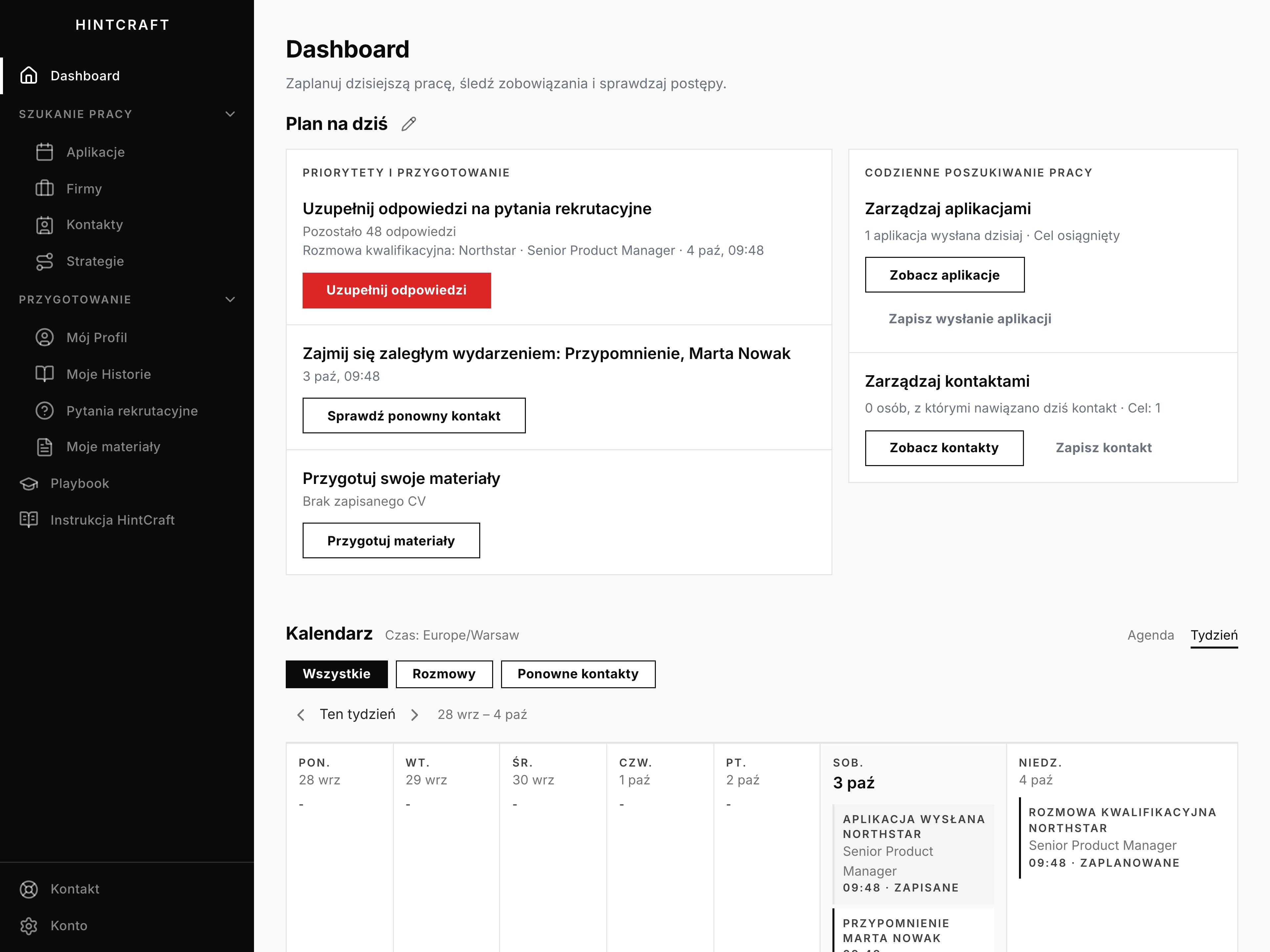 Plan dnia w HintCraft pokazujący przygotowanie do rozmowy, ponowny kontakt z Martą oraz dzienną aktywność w aplikacjach i kontaktach.