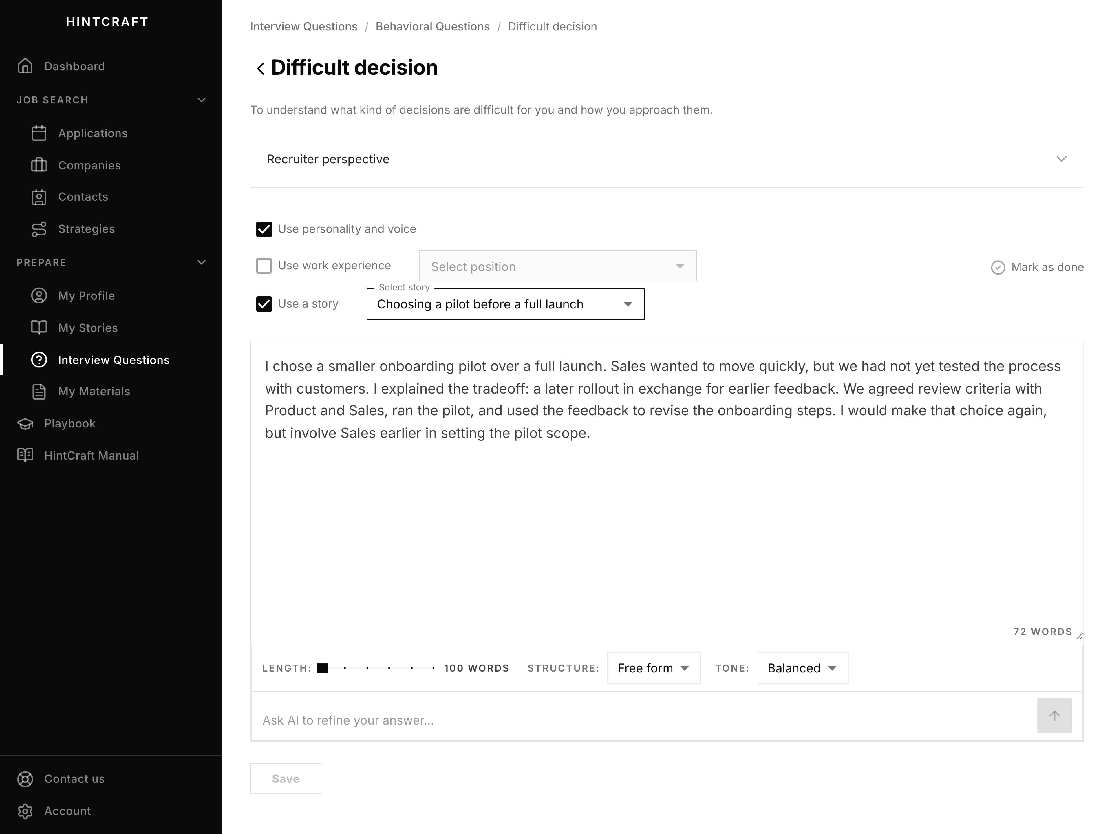 HintCraft interview preparation with the purpose of a difficult-decision question, a selected career story and an editable answer.
