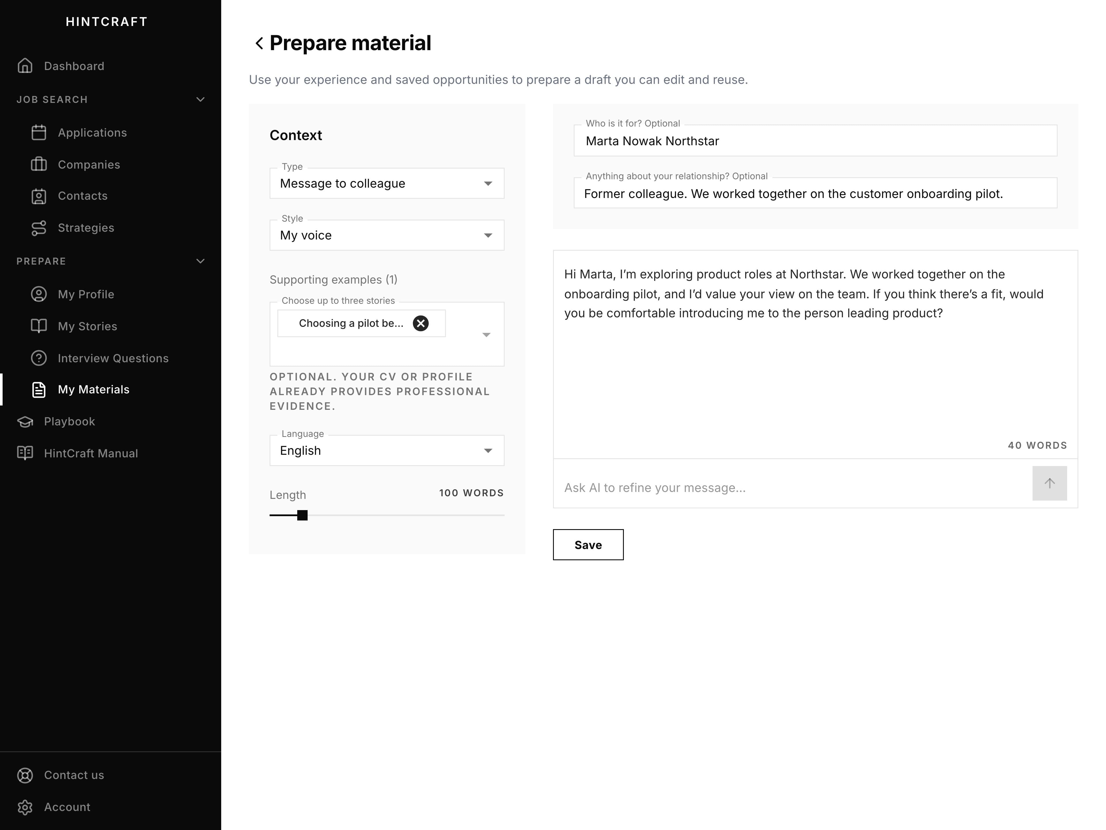HintCraft message editor with a request for an introduction to Northstar’s product team, using a saved story and a former colleague’s context.