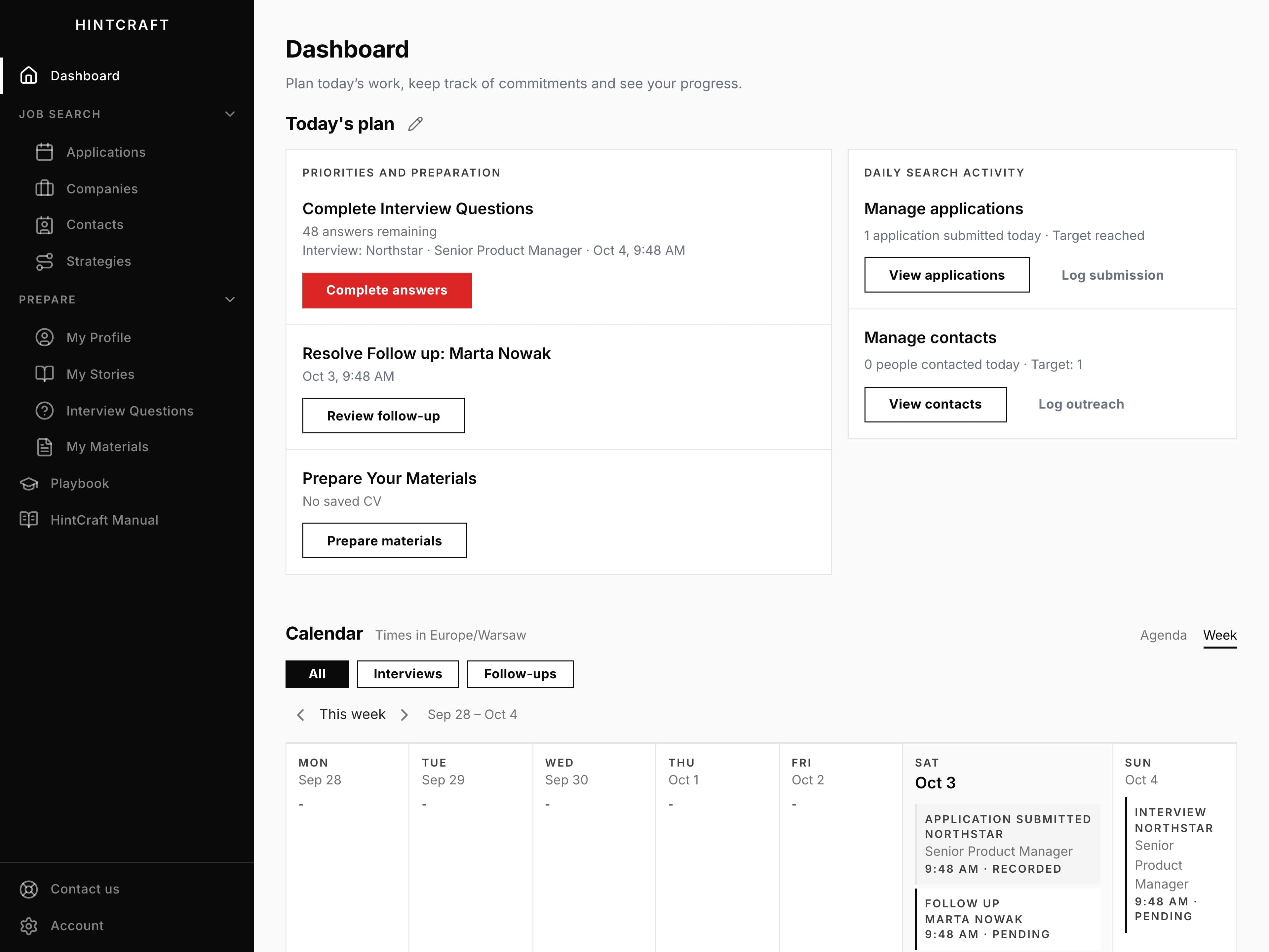HintCraft daily plan showing interview preparation, a follow-up with Marta and daily application and outreach activity.