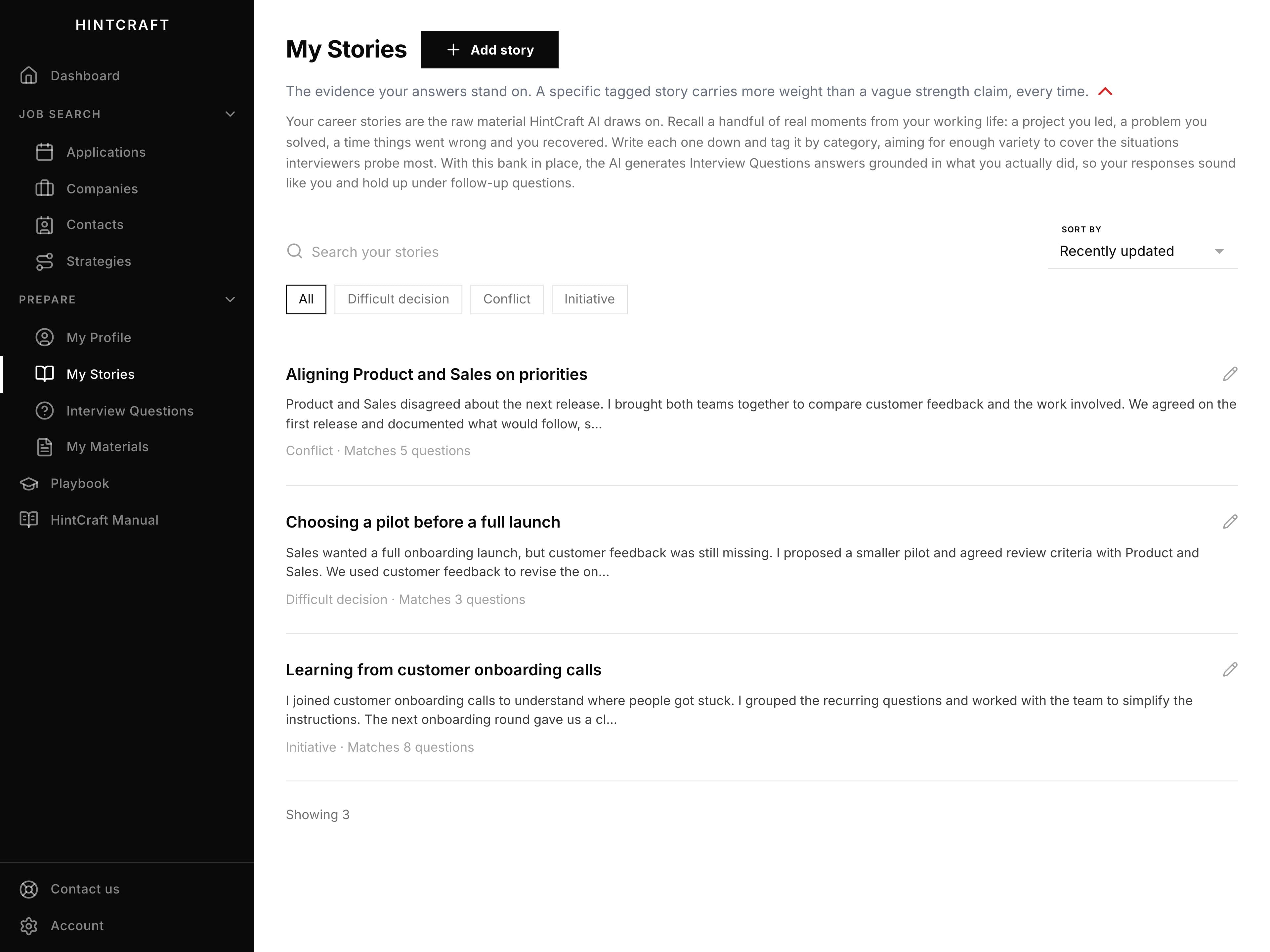 HintCraft My Stories library with three saved product-management examples, tags and question matches.